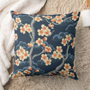 Cream Coral Sakura Navy Blue Floral Pattern Cushion