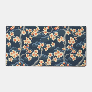 Cream Coral Sakura Navy Blue Floral Pattern Desk Mat