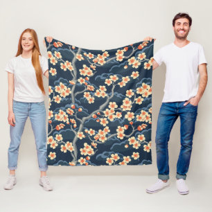 Cream Coral Sakura Navy Blue Floral Pattern Fleece Blanket