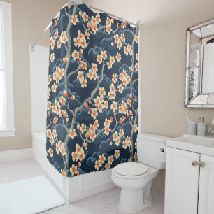 Cream Coral Sakura Navy Blue Floral Pattern Shower Curtain