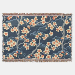 Cream Coral Sakura Navy Blue Floral Pattern Throw Blanket