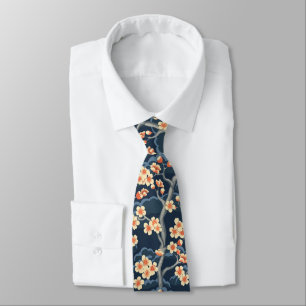 Cream Coral Sakura Navy Blue Floral Pattern Tie
