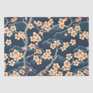 Cream Coral Sakura Navy Blue Floral Pattern Tissue Paper