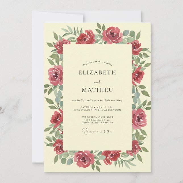 Cream Crimson Rose Wedding Invitation (Front)