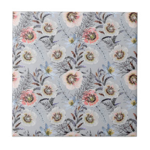 Cream, croral flowers on light grey ceramic tile
