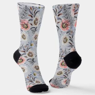Cream, croral flowers on light grey socks