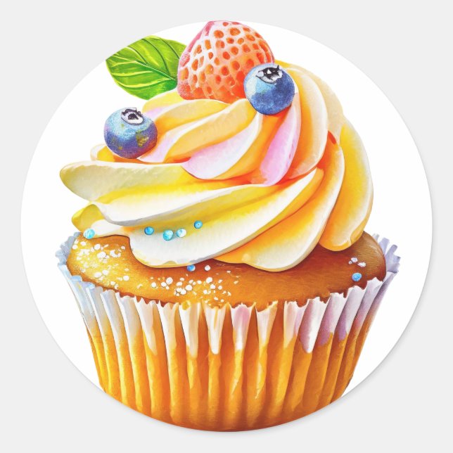Cream cupcake with berries birthday  classic round sticker (Front)