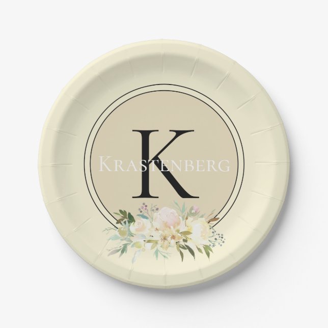 Cream Custom Name Monogram White Roses Paper Plate (Front)