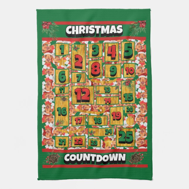 Cream Dachshund Dog Countdown Christmas Advent Tea Towel (Vertical)