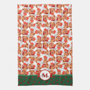Cream Dachshund Pattern Monogram Christmas Dog Tea Towel