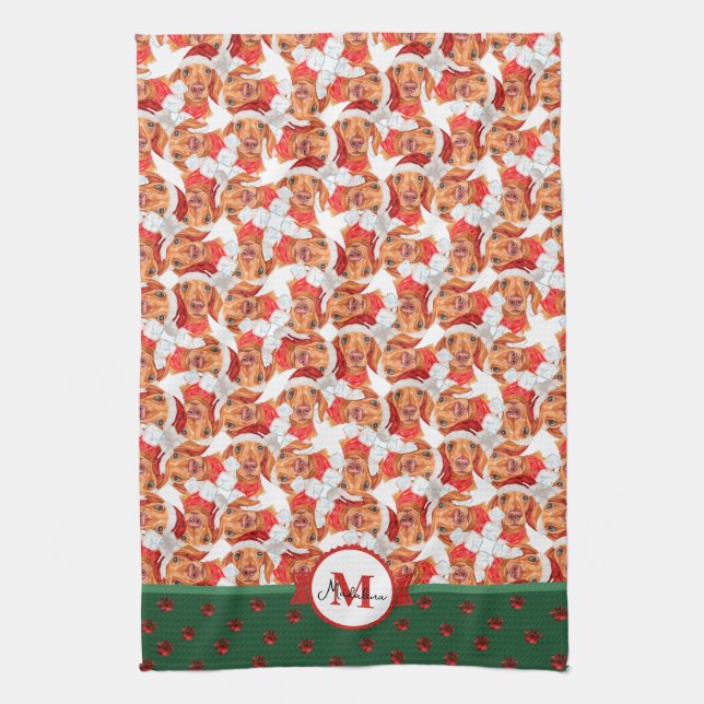 Cream Dachshund Pattern Monogram Christmas Dog Tea Towel (Vertical)