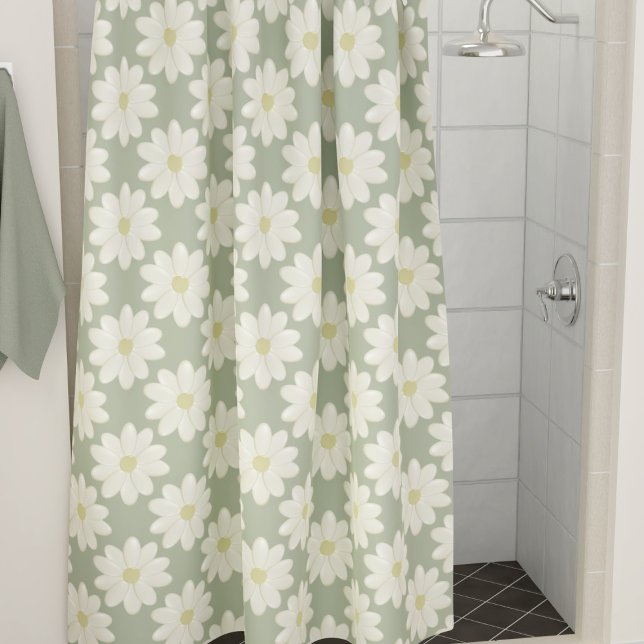Cream Daisy Flowers on Sage Green Shower Curtain (A pretty sage green and daisy pattern shower curtain just for you)