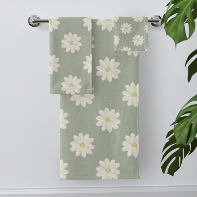Cream Daisy Pattern Sage Green Bath Towel Set (Pretty sage green cream daisy bath towels. Check out the collection for coordinating products)