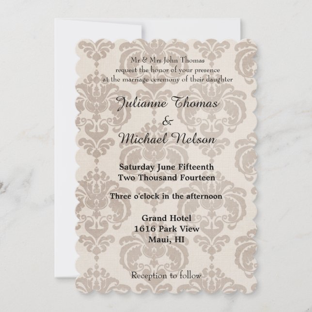 Cream Damask Wedding Invitation (Front)