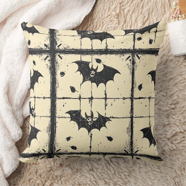 Cream Denim Grunge Patchwork with Bats (2) Cushion (Blanket)