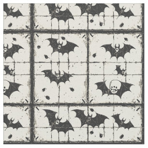 Cream Denim Grunge Patchwork with Bats (2) Fabric
