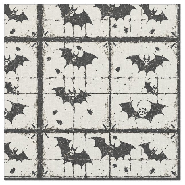 Cream Denim Grunge Patchwork with Bats (2) Fabric (Close Up)