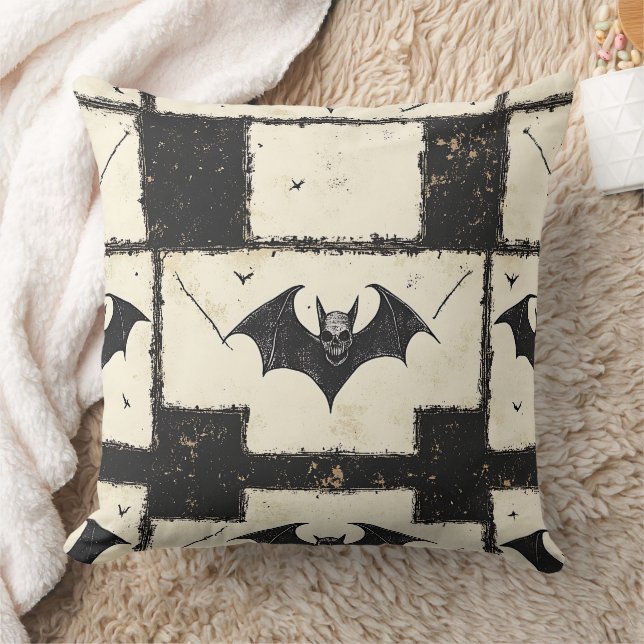 Cream Denim Grunge Patchwork with Bats (3) Cushion (Blanket)