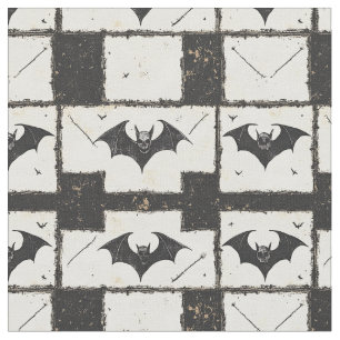 Cream Denim Grunge Patchwork with Bats (3) Fabric