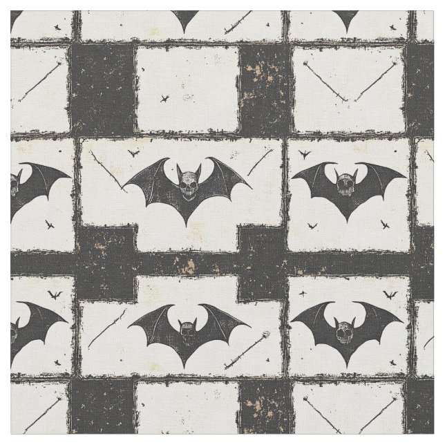 Cream Denim Grunge Patchwork with Bats (3) Fabric (Close Up)
