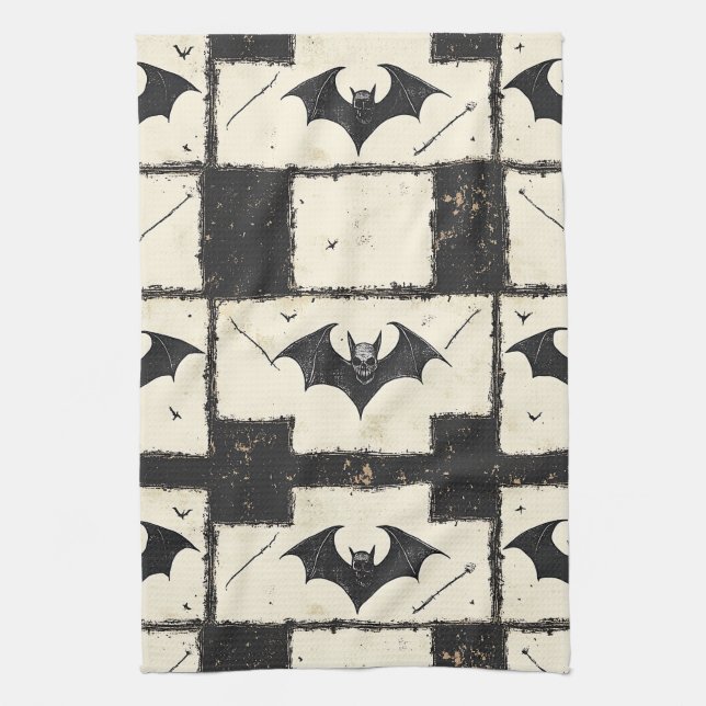 Cream Denim Grunge Patchwork with Bats (3) Tea Towel (Vertical)