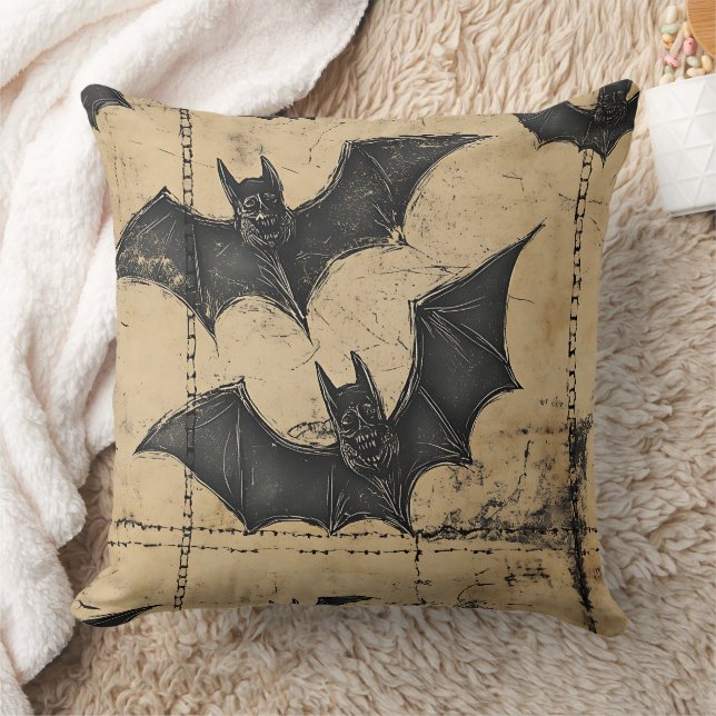 Cream Denim Grunge Patchwork with Bats Cushion (Blanket)