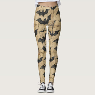 Cream Denim Grunge Patchwork with Bats Leggings