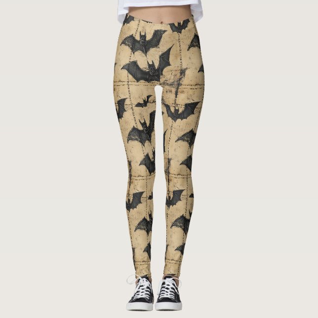 Cream Denim Grunge Patchwork with Bats Leggings (Front)