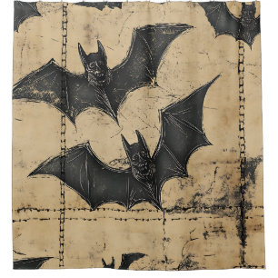 Cream Denim Grunge Patchwork with Bats Shower Curtain