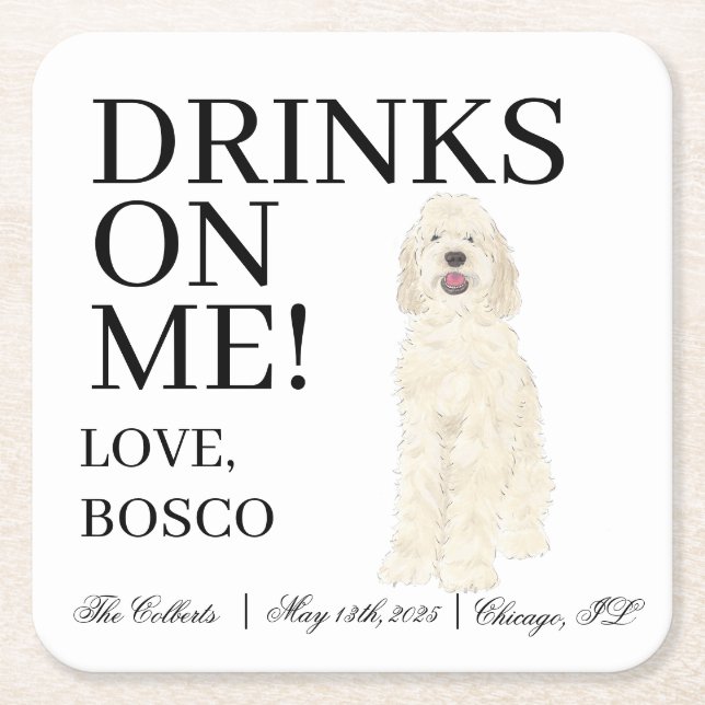 Cream Doodle Dog Wedding Square Paper Coaster (Front)