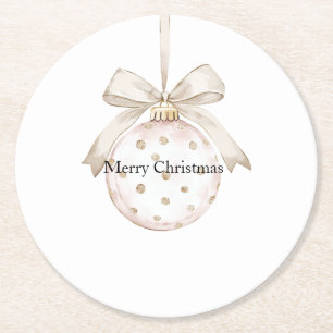 Cream Dots Bow Ornament Christmas Round Paper Coaster