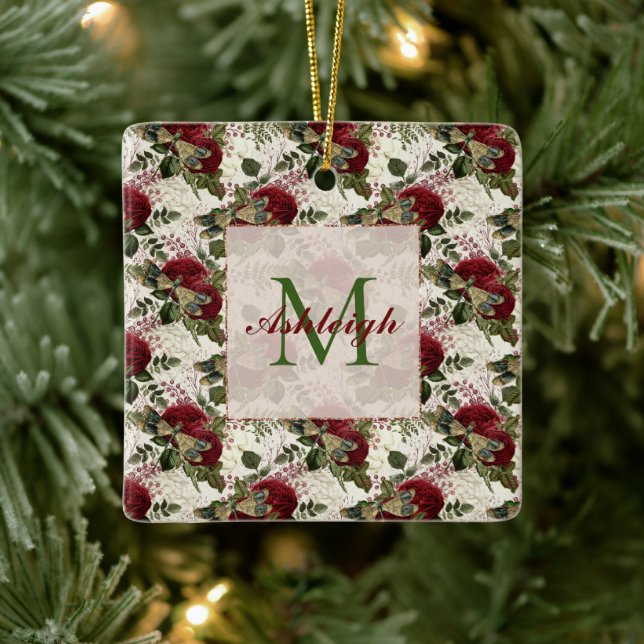 Cream Dragonflies and Roses Monogram Ceramic Ornament (Tree)