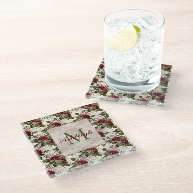 Cream Dragonflies and Roses Monogram Glass Coaster (Angled)