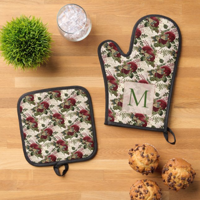 Cream Dragonflies and Roses Monogram Oven Mitt & Pot Holder Set (Top Down)