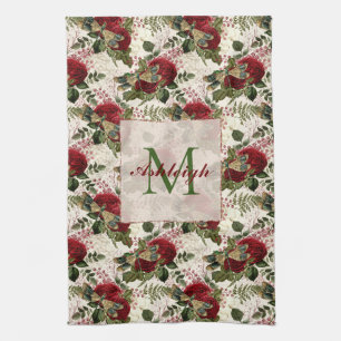 Cream Dragonflies and Roses Monogram Tea Towel