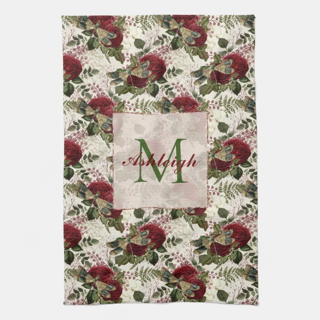 Cream Dragonflies and Roses Monogram Tea Towel (Vertical)
