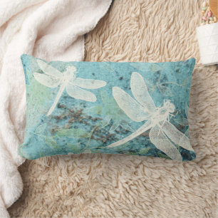 Cream Dragonflies Blue Green Pattern Lumbar Cushion