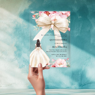 Cream dress bow pink florals clear Quinceanera Acrylic Invitations