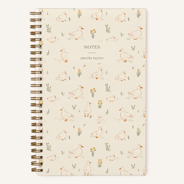 Cream Duck Wildflower Pattern Personalised Name Notebook (Front)