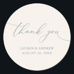 Cream Dusty Blue Grey Minimalist Wedding Thank You Classic Round Sticker<br><div class="desc">Our modern minimalist thank you sticker/seal has "thank you" written in modern calligraphy script and can be fully customised with your name,  dates and background colour. Made to match our Purple Plum Modern Minimalist Wedding Suite.</div>