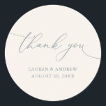 Cream Dusty Blue Grey Minimalist Wedding Thank You Classic Round Sticker<br><div class="desc">Our modern minimalist thank you sticker/seal has "thank you" written in modern calligraphy script and can be fully customised with your name,  dates and background colour. Made to match our Purple Plum Modern Minimalist Wedding Suite.</div>