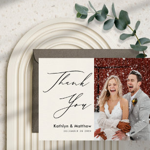 Cream Elegant Script Modern Photo Simple Wedding Thank You Card