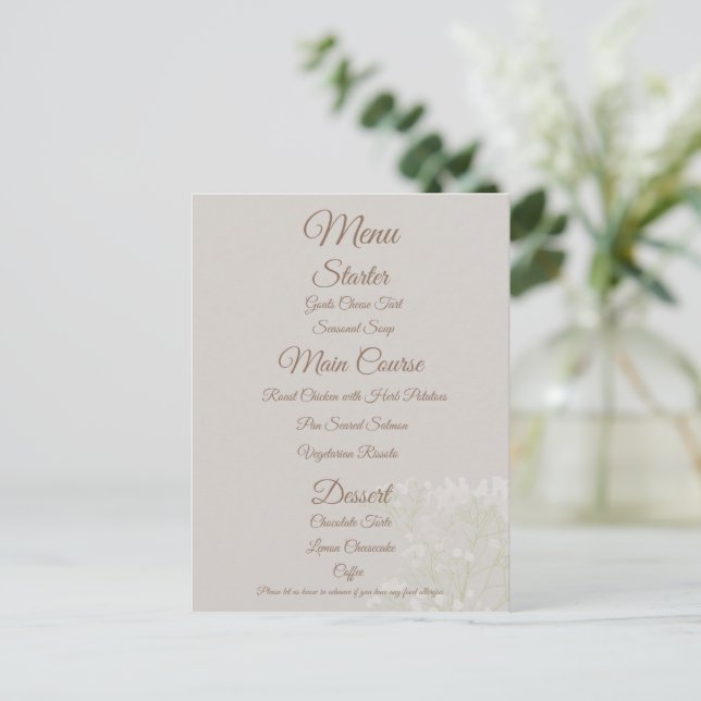 Cream Elegant Wedding Menu,  Classic Script Postcard (Standing Front)