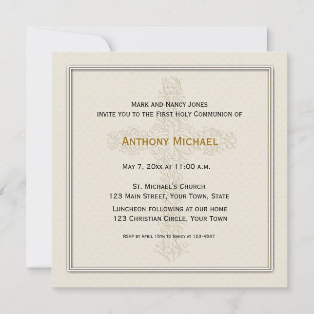 Cream Embossed Look Cross First Communion Invitation (Front)