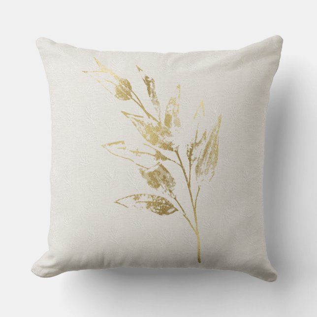 Cream embroidered texture with gold leaf cushion (Front)