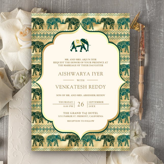 Cream Emerald Elephant All in One Indian Wedding Invitation (Creator Uploaded)