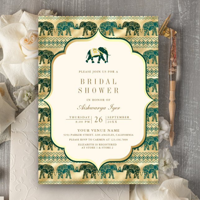 Cream Emerald Gold Elephant Indian Bridal Shower Invitation (Creator Uploaded)