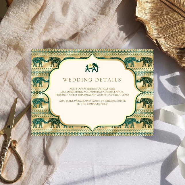 Cream Emerald Gold Elephant Indian Wedding Details Enclosure Card (Creator Uploaded)