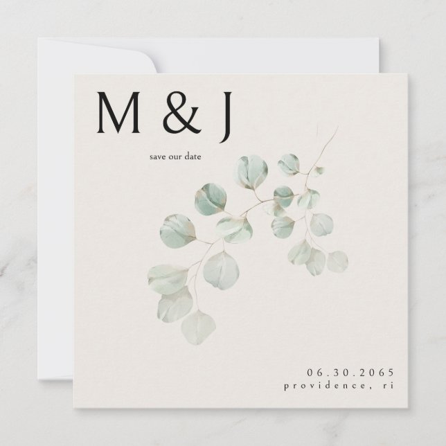 Cream Eucalyptus Square Wedding Save our Date (Front)