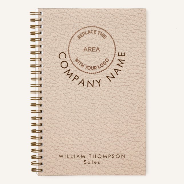 Cream Faux Leather Company Staff Name Logo QR Code Notebook (Front)